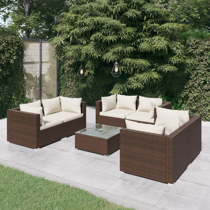 7-tlg. Garten-Lounge-Set mit Kissen Poly Rattan Braun