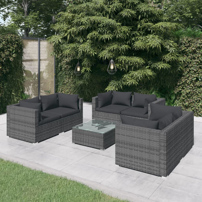 7-tlg. Garten-Lounge-Set mit Kissen Poly Rattan Grau
