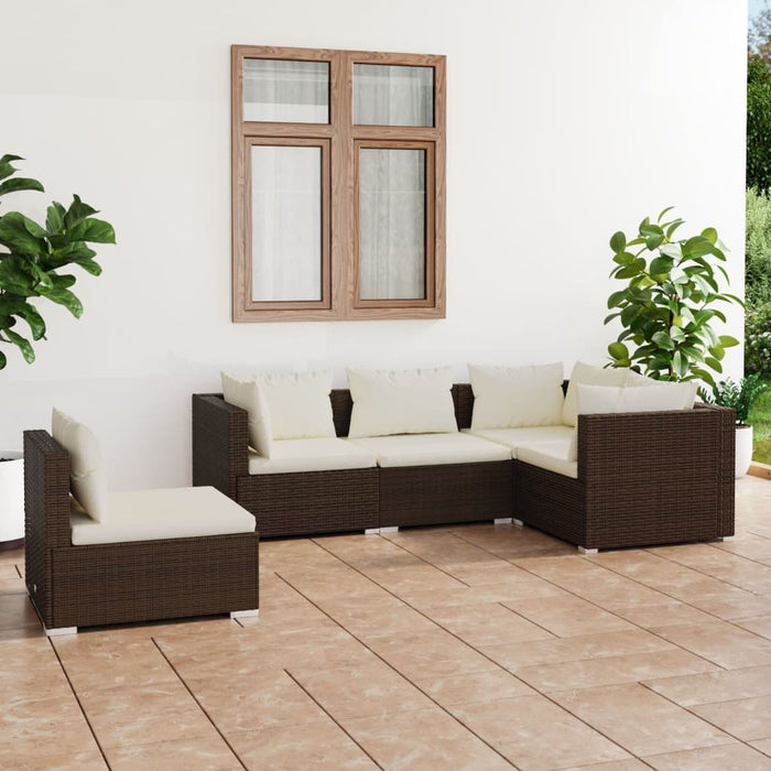 5-tlg. Garten-Lounge-Set mit Kissen Poly Rattan Braun