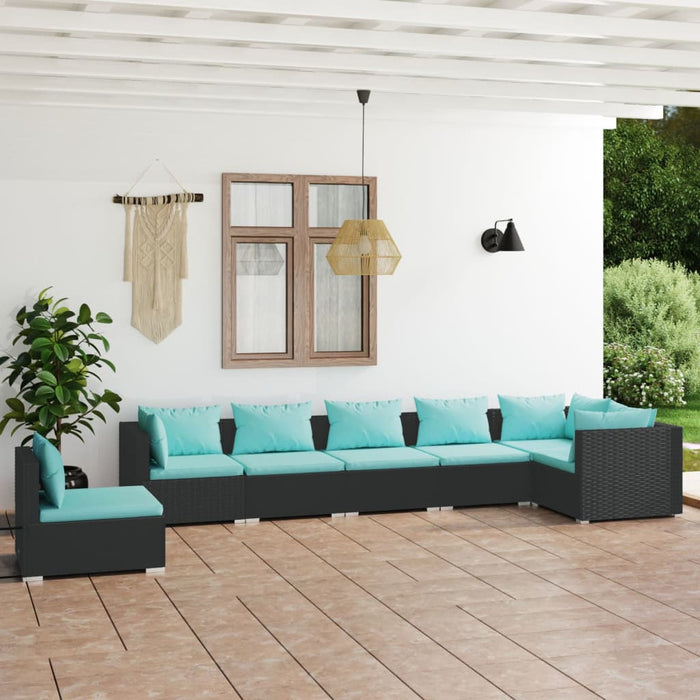 7-tlg. Garten-Lounge-Set mit Kissen Poly Rattan Schwarz