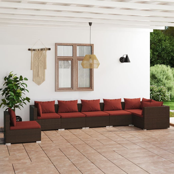 7-tlg. Garten-Lounge-Set mit Kissen Poly Rattan Braun