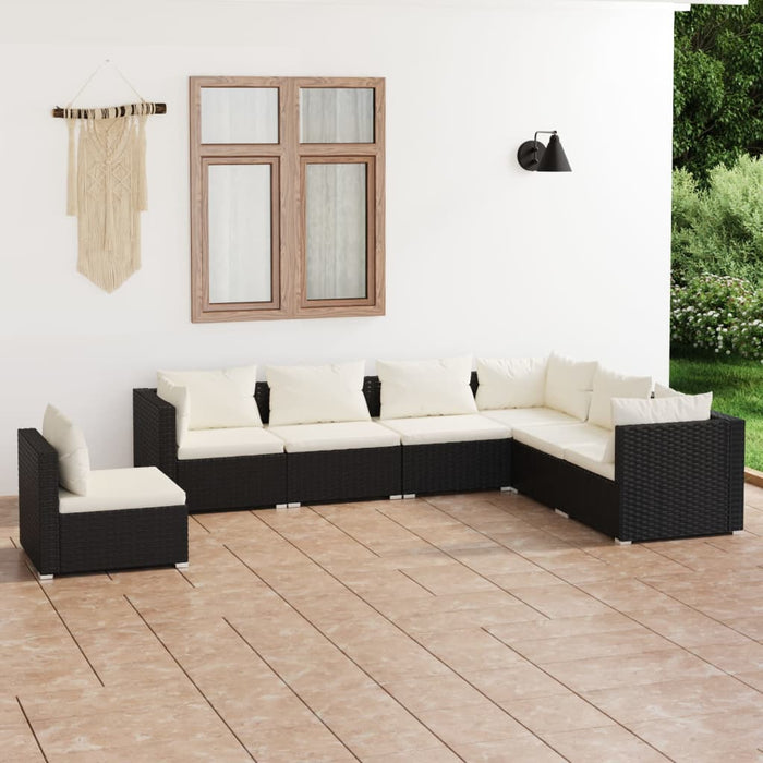 7-tlg. Garten-Lounge-Set mit Kissen Poly Rattan Schwarz