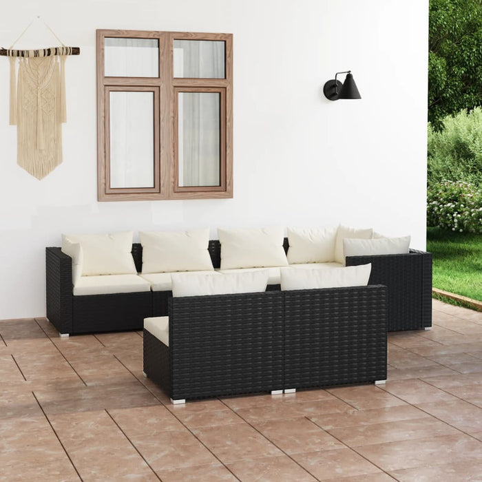 7-tlg. Garten-Lounge-Set mit Kissen Schwarz Poly Rattan