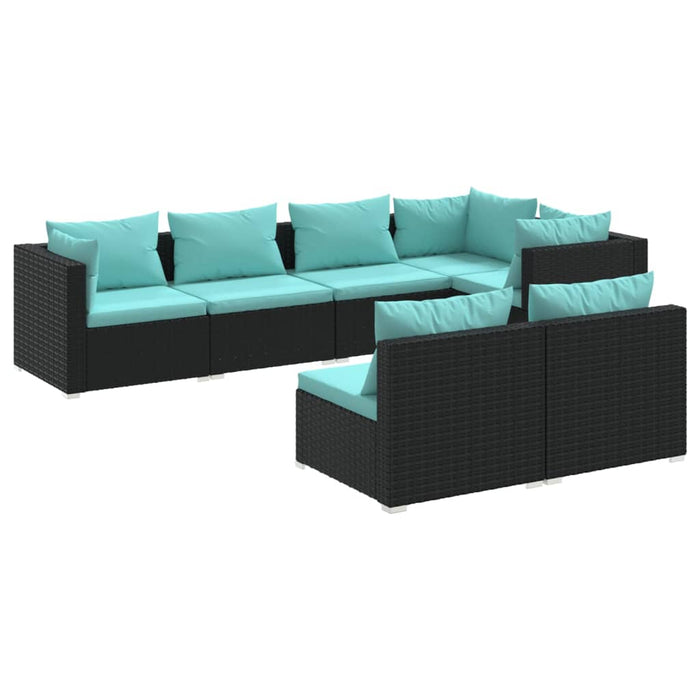 7-tlg. Garten-Lounge-Set mit Kissen Schwarz Poly Rattan
