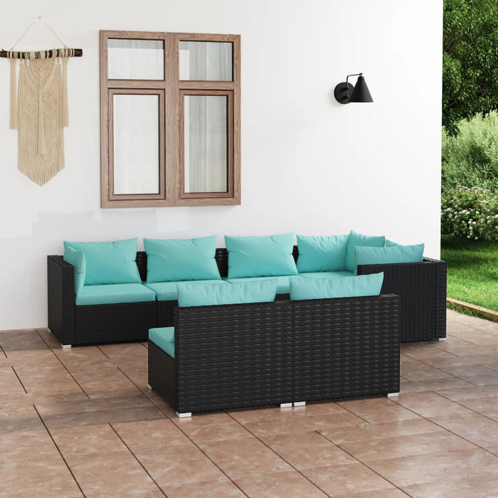 7-tlg. Garten-Lounge-Set mit Kissen Schwarz Poly Rattan