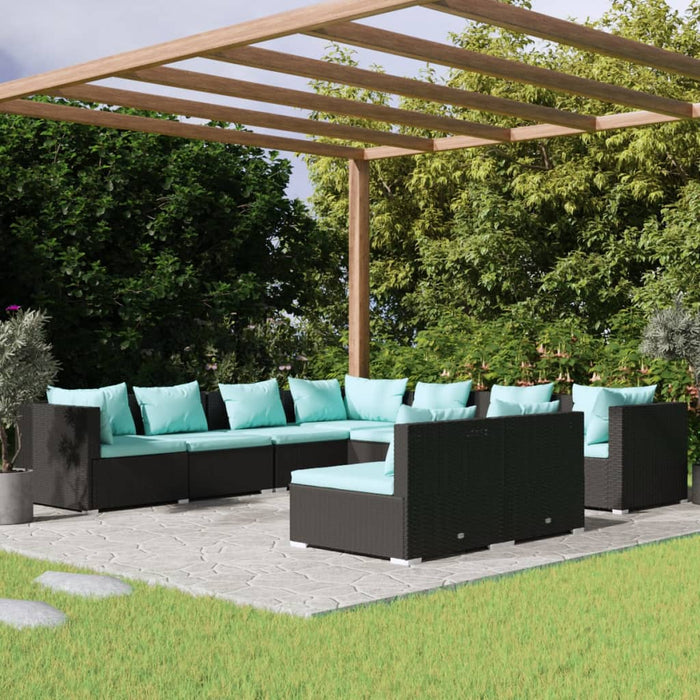 9-tlg. Garten-Lounge-Set mit Kissen Schwarz Poly Rattan