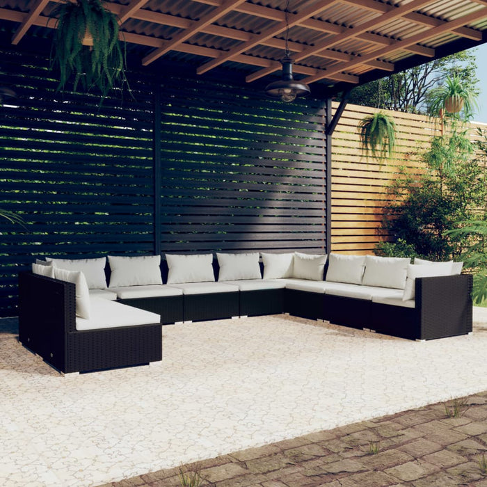 10-tlg. Garten-Lounge-Set mit Kissen Schwarz Poly Rattan