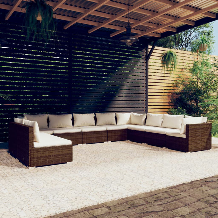 10 pcs. Garden lounge set with cushions brown poly rattan