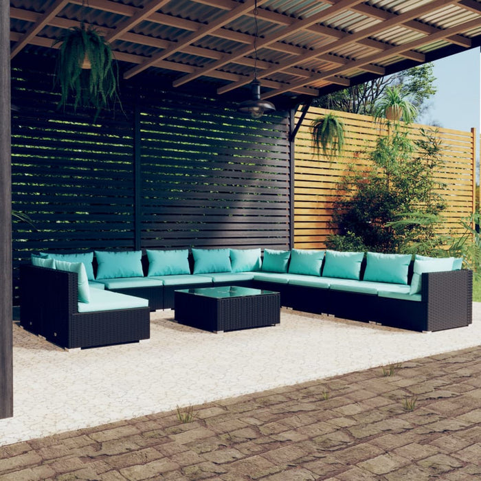 12-tlg. Garten-Lounge-Set mit Kissen Schwarz Poly Rattan