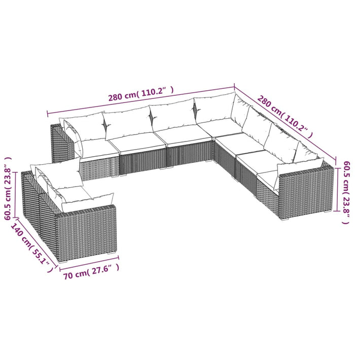 9-tlg. Garten-Lounge-Set mit Kissen Schwarz Poly Rattan