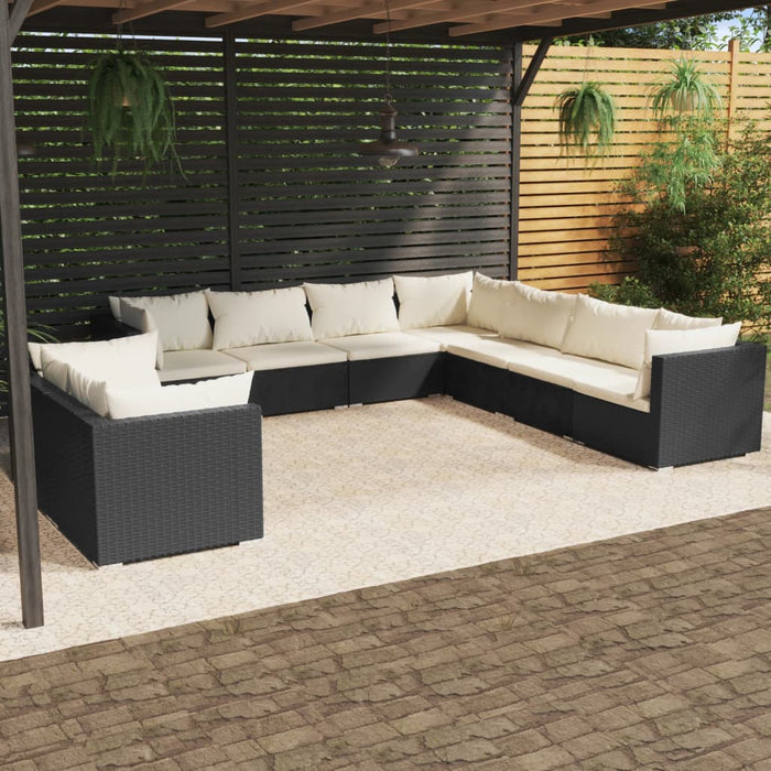 9-tlg. Garten-Lounge-Set mit Kissen Schwarz Poly Rattan