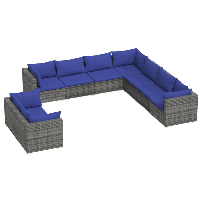 9-tlg. Garten-Lounge-Set mit Kissen Grau Poly Rattan