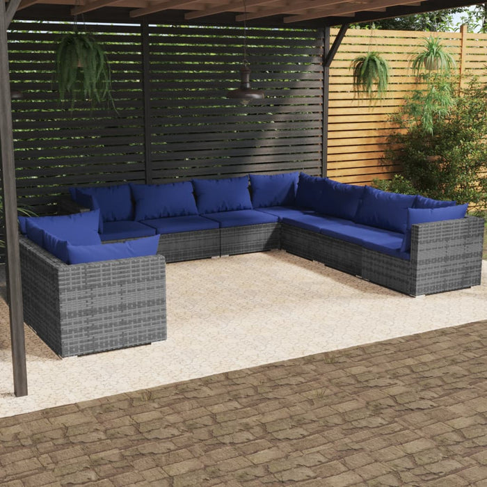 9-tlg. Garten-Lounge-Set mit Kissen Grau Poly Rattan