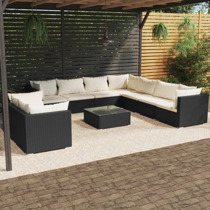10-tlg. Garten-Lounge-Set mit Kissen Schwarz Poly Rattan