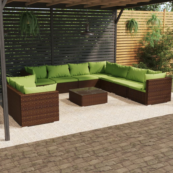 10 pcs. Garden lounge set with cushions brown poly rattan