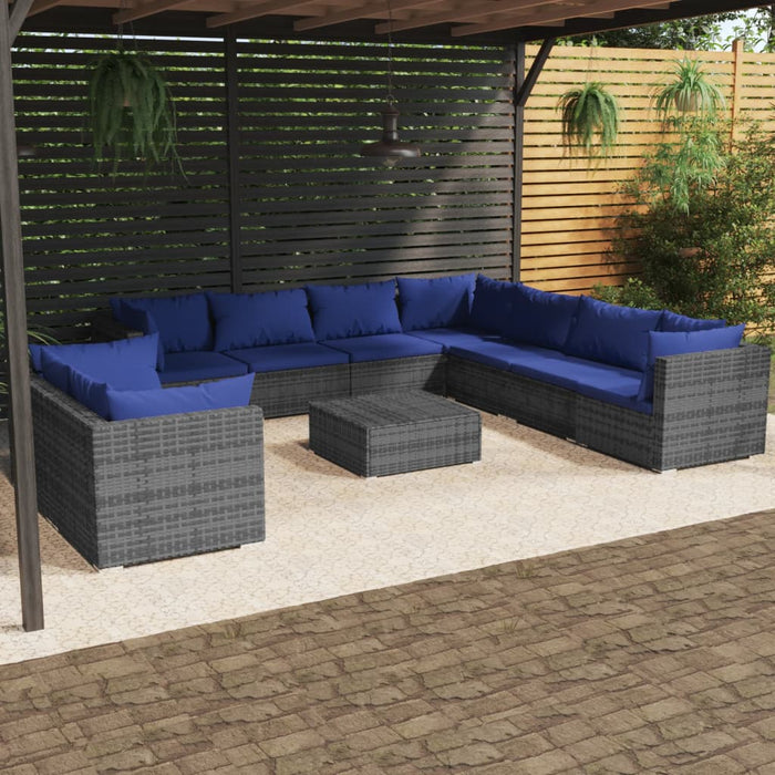 10 pcs. Garden Lounge Set with Cushions Gray Poly Rattan