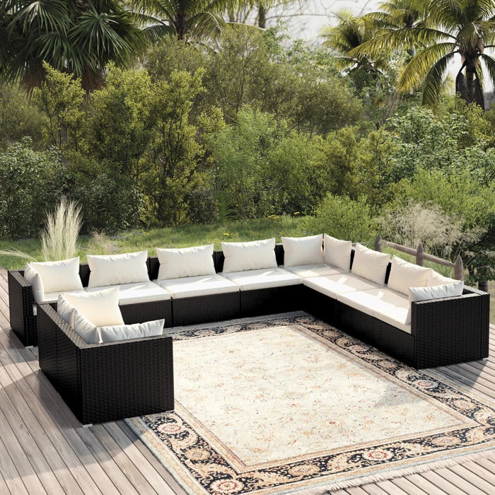 10-tlg. Garten-Lounge-Set mit Kissen Schwarz Poly Rattan