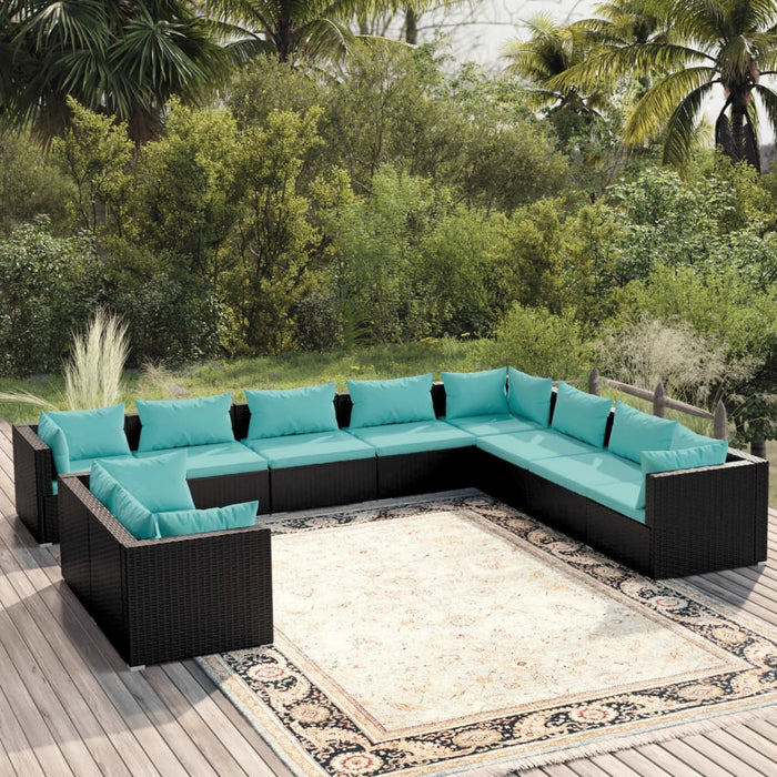 10-tlg. Garten-Lounge-Set mit Kissen Schwarz Poly Rattan