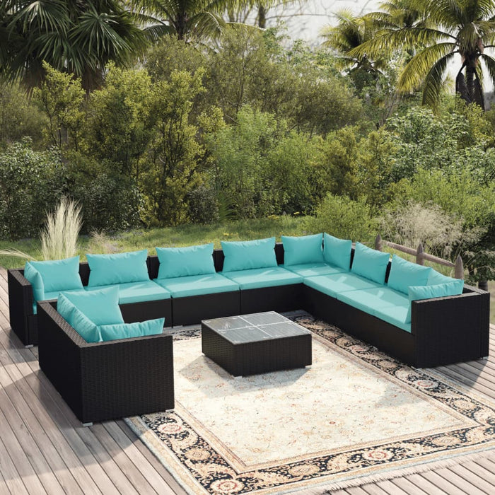 11-tlg. Garten-Lounge-Set mit Kissen Schwarz Poly Rattan