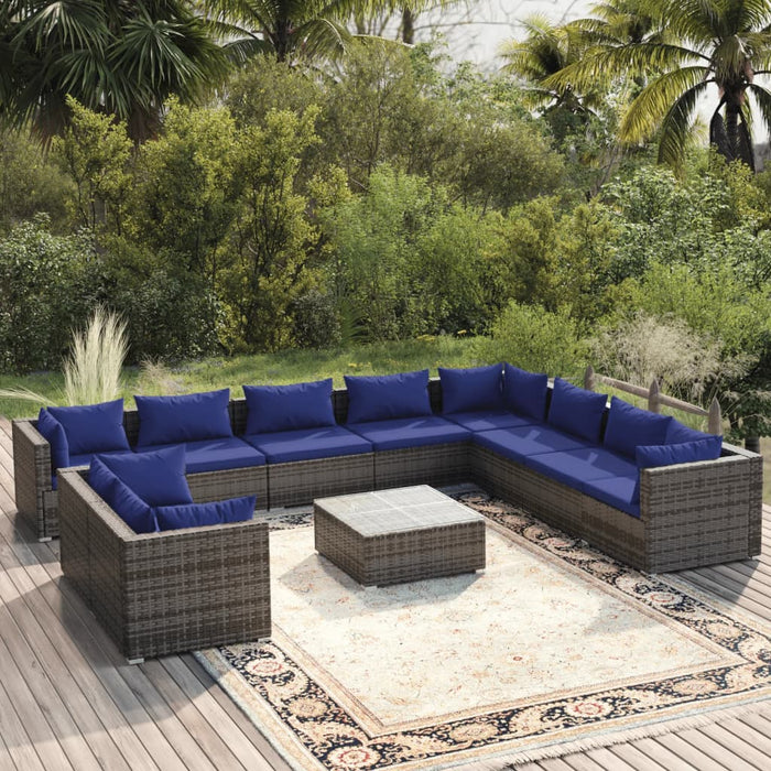 11-tlg. Garten-Lounge-Set mit Kissen Grau Poly Rattan