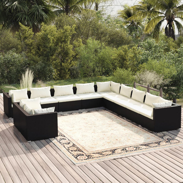 11-tlg. Garten-Lounge-Set mit Kissen Schwarz Poly Rattan