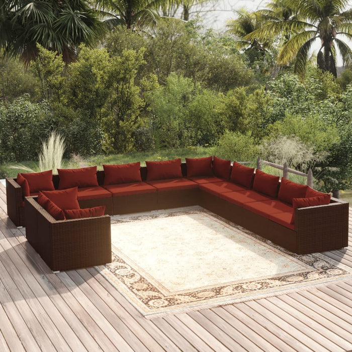 11-tlg. Garten-Lounge-Set mit Kissen Braun Poly Rattan