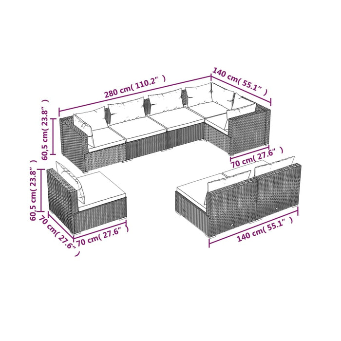 8-tlg. Garten-Lounge-Set mit Kissen Poly Rattan Grau