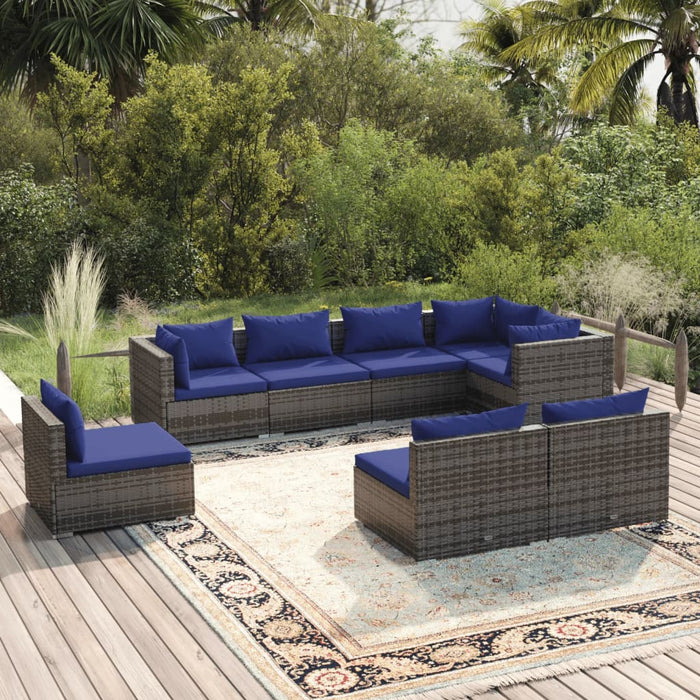 8-tlg. Garten-Lounge-Set mit Kissen Poly Rattan Grau