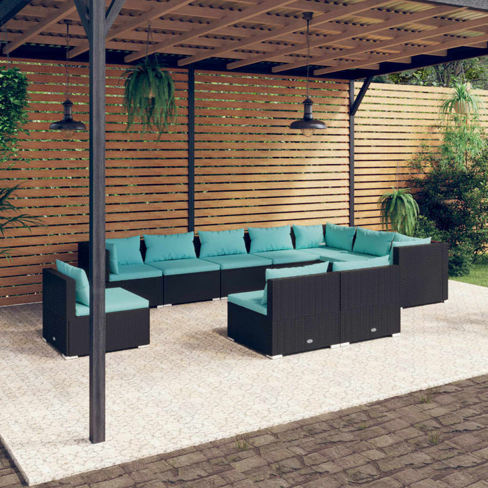 10-tlg. Garten-Lounge-Set mit Kissen Poly Rattan Schwarz