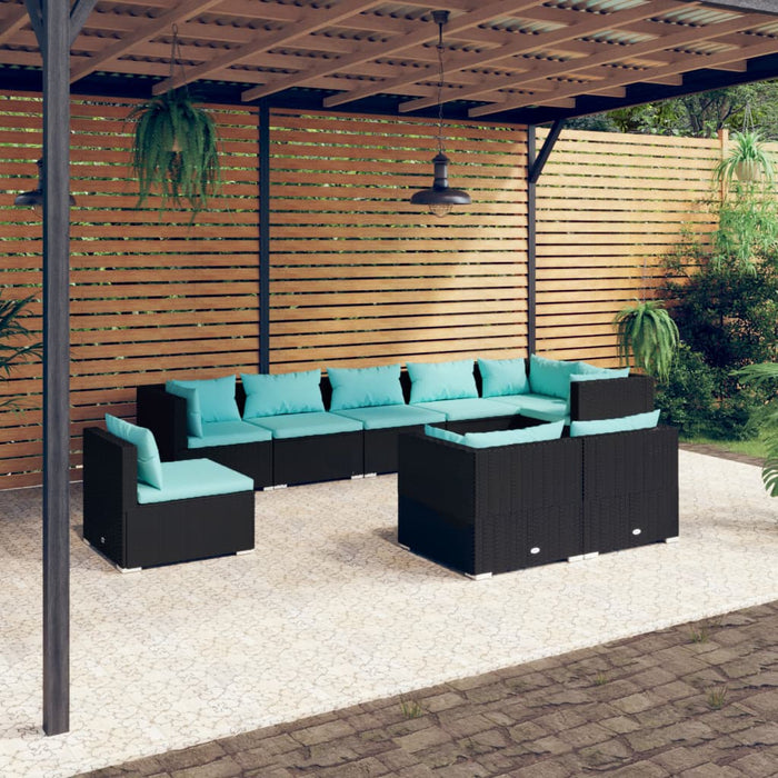 9-tlg. Garten-Lounge-Set mit Kissen Poly Rattan Schwarz