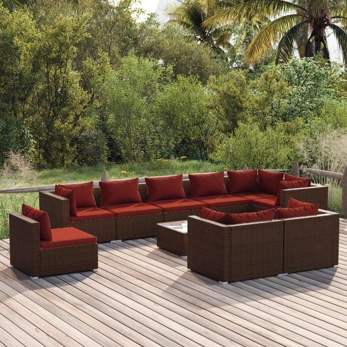 10-tlg. Garten-Lounge-Set mit Kissen Poly Rattan Braun