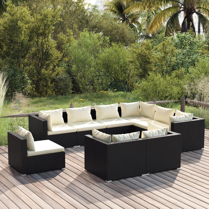 9-tlg. Garten-Lounge-Set mit Kissen Poly Rattan Schwarz
