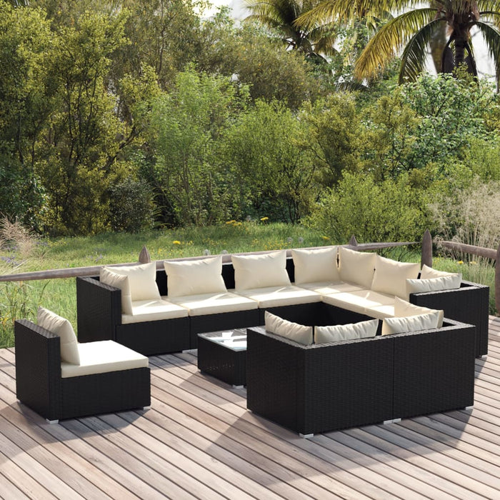 10-tlg. Garten-Lounge-Set mit Kissen Poly Rattan Schwarz