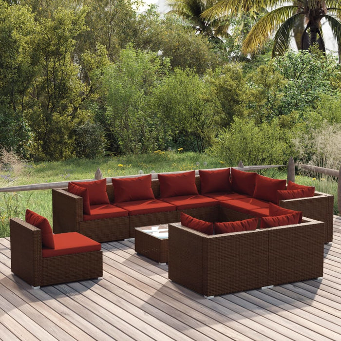 10-tlg. Garten-Lounge-Set mit Kissen Poly Rattan Braun