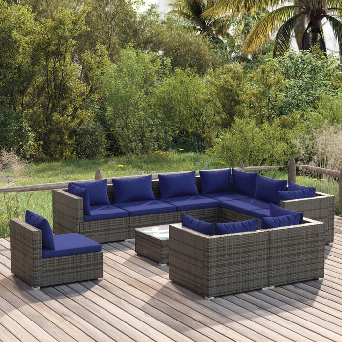 10-tlg. Garten-Lounge-Set mit Kissen Poly Rattan Grau