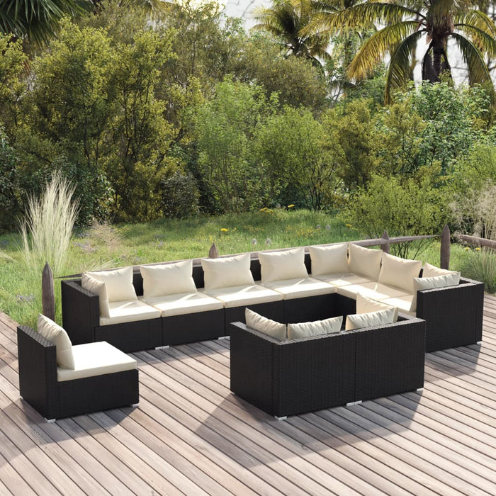 10-tlg. Garten-Lounge-Set mit Kissen Poly Rattan Schwarz
