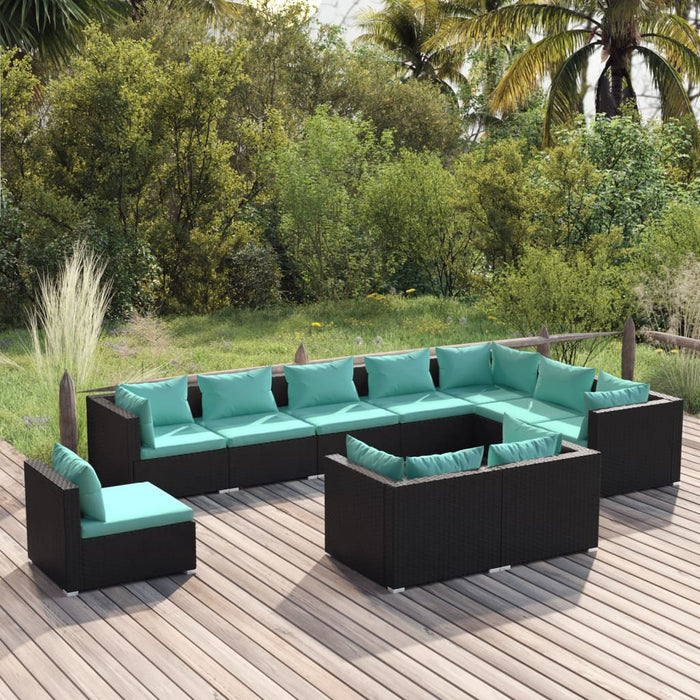 10-tlg. Garten-Lounge-Set mit Kissen Poly Rattan Schwarz
