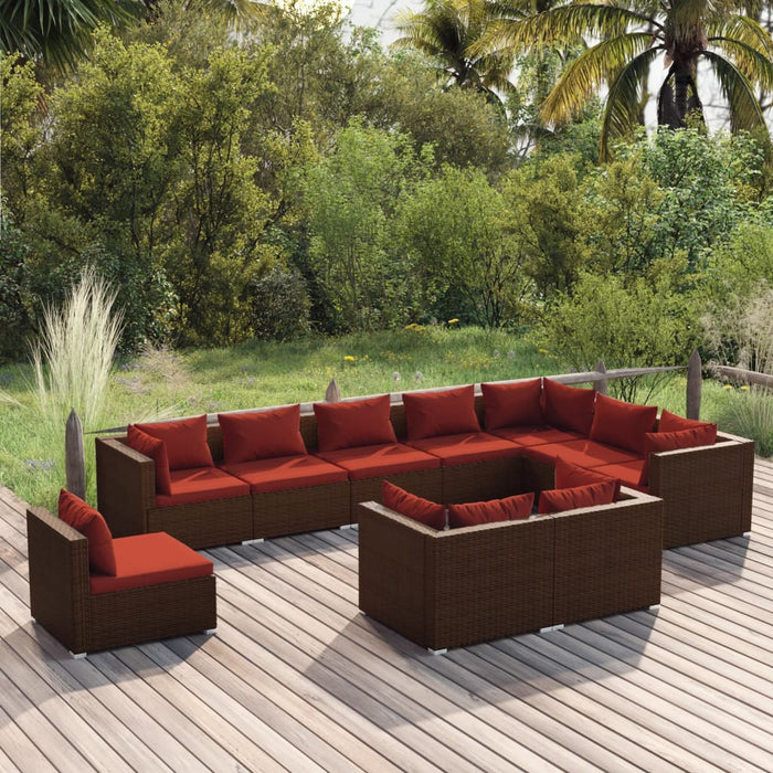10-tlg. Garten-Lounge-Set mit Kissen Poly Rattan Braun