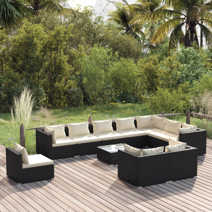 11-tlg. Garten-Lounge-Set mit Kissen Poly Rattan Schwarz