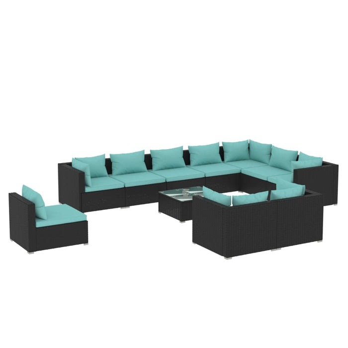 11-tlg. Garten-Lounge-Set mit Kissen Poly Rattan Schwarz