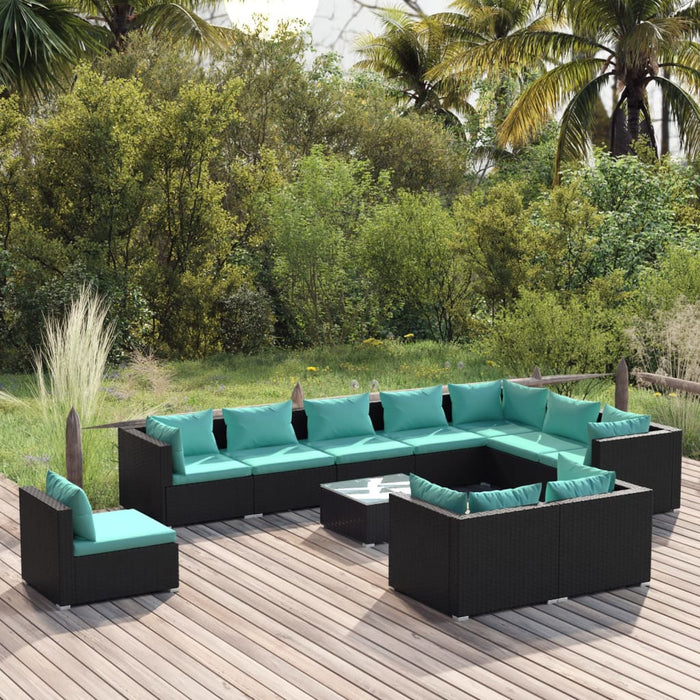 11-tlg. Garten-Lounge-Set mit Kissen Poly Rattan Schwarz