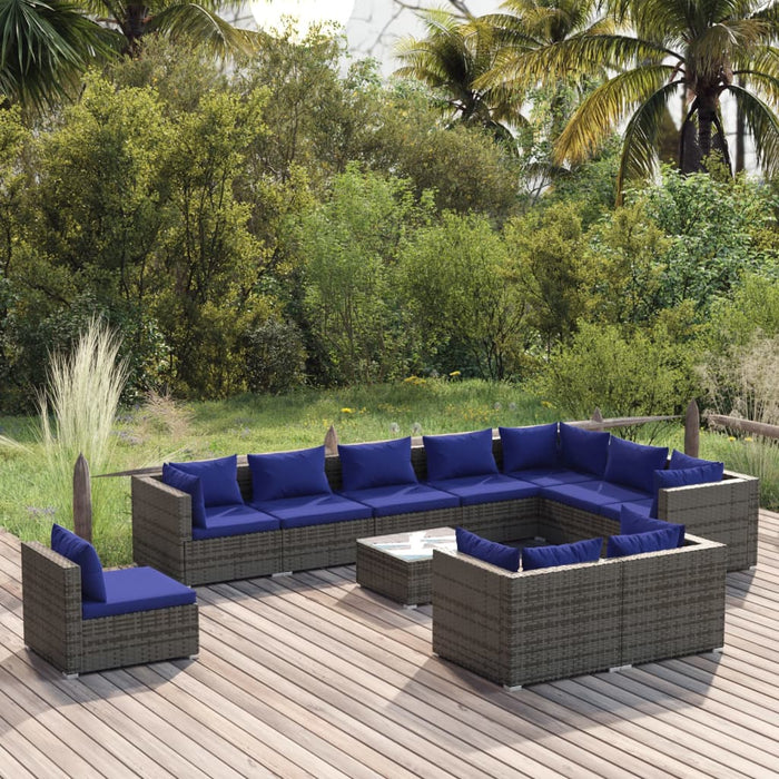 11-tlg. Garten-Lounge-Set mit Kissen Poly Rattan Grau
