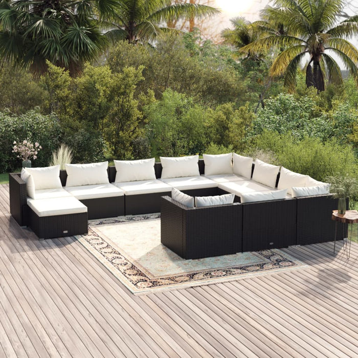 11-tlg. Garten-Lounge-Set mit Kissen Poly Rattan Schwarz