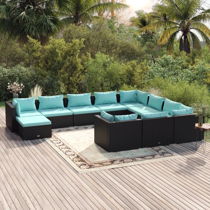 11-tlg. Garten-Lounge-Set mit Kissen Poly Rattan Schwarz