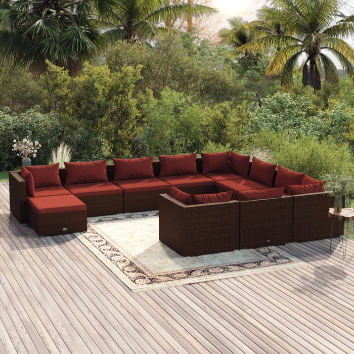 11-tlg. Garten-Lounge-Set mit Kissen Poly Rattan Braun