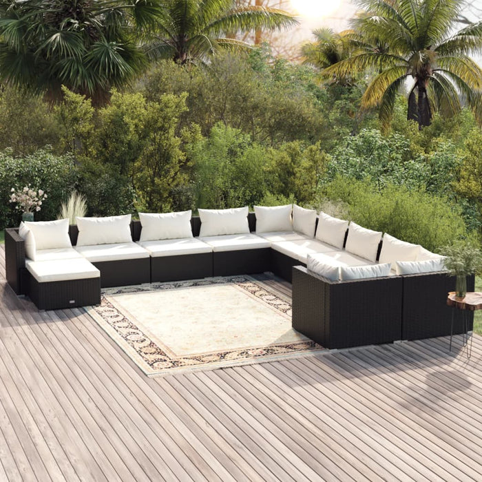 11-tlg. Garten-Lounge-Set mit Kissen Poly Rattan Schwarz