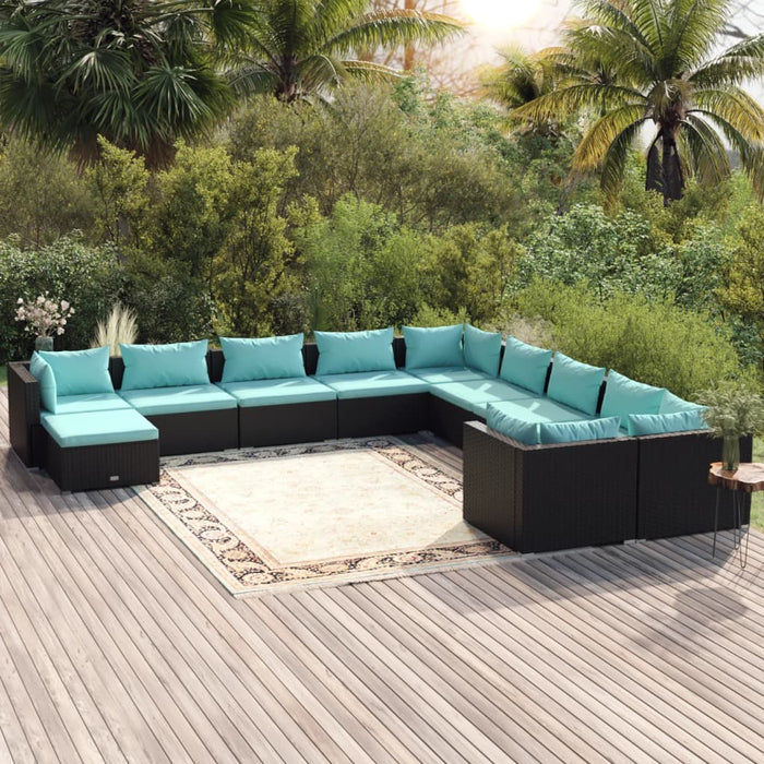 11-tlg. Garten-Lounge-Set mit Kissen Poly Rattan Schwarz