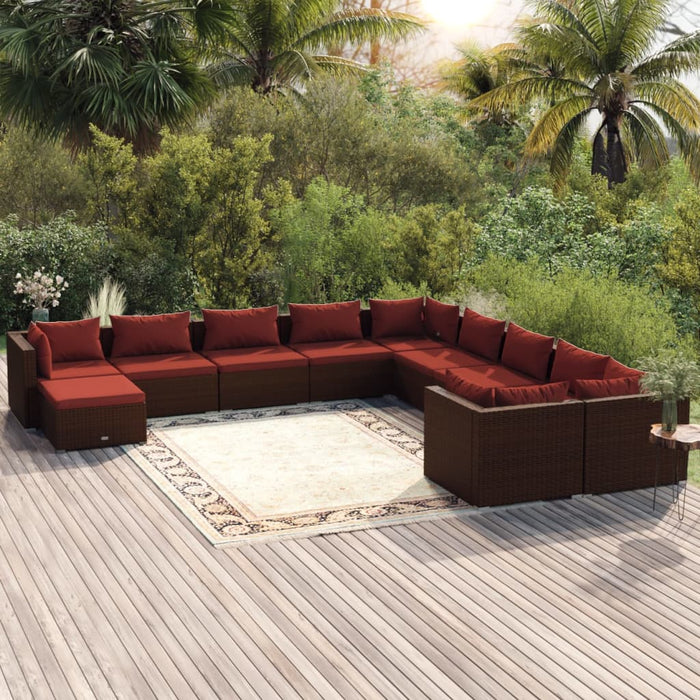 11-tlg. Garten-Lounge-Set mit Kissen Poly Rattan Braun