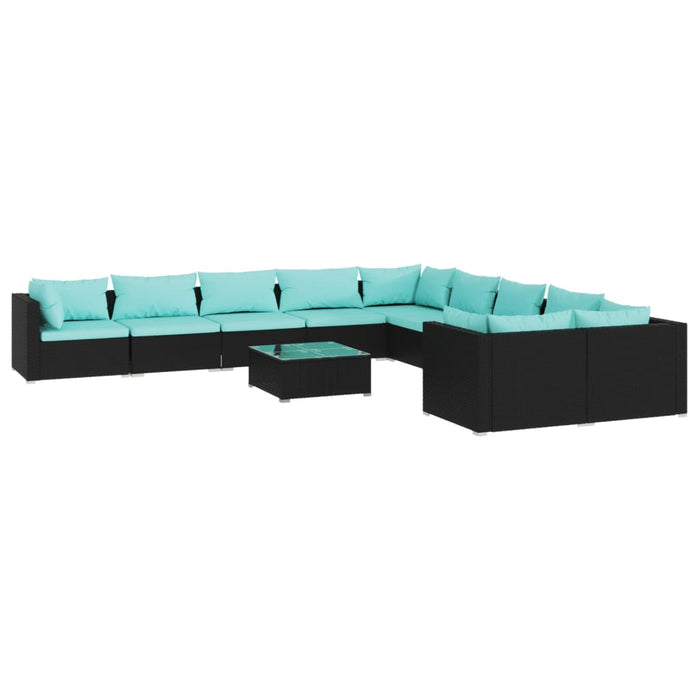 11-tlg. Garten-Lounge-Set mit Kissen Poly Rattan Schwarz