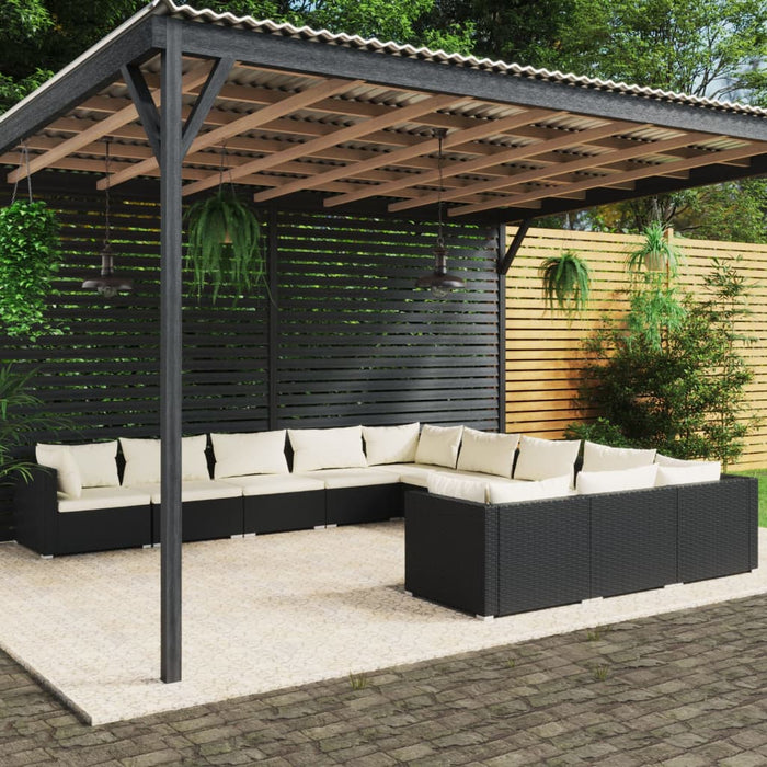 11-tlg. Garten-Lounge-Set mit Kissen Poly Rattan Schwarz